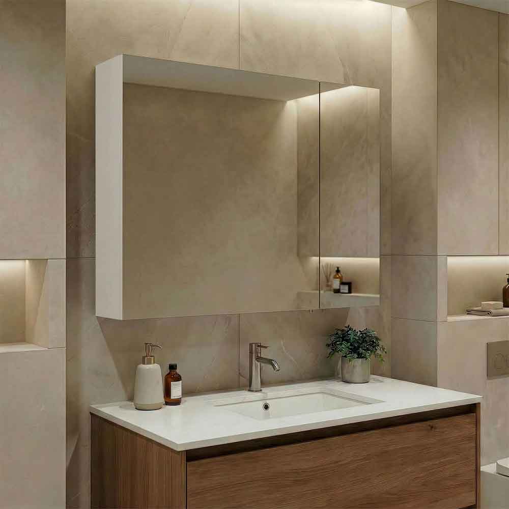 Bari Large Wooden Wall Mounted Bathroom Mirror Cabinet with 2 Doors in White