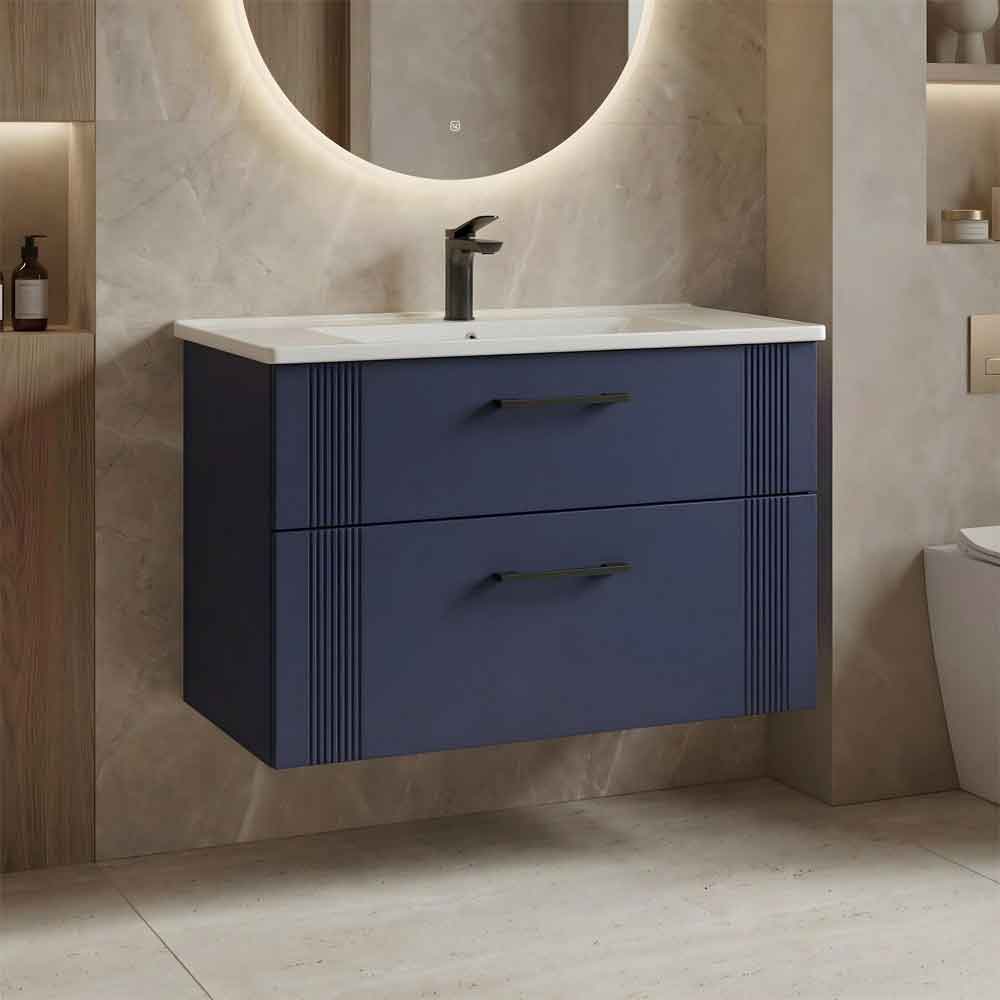 Bari Large Wooden Wall Mounted Vanity Unit with 2 Drawers in Navy Blue