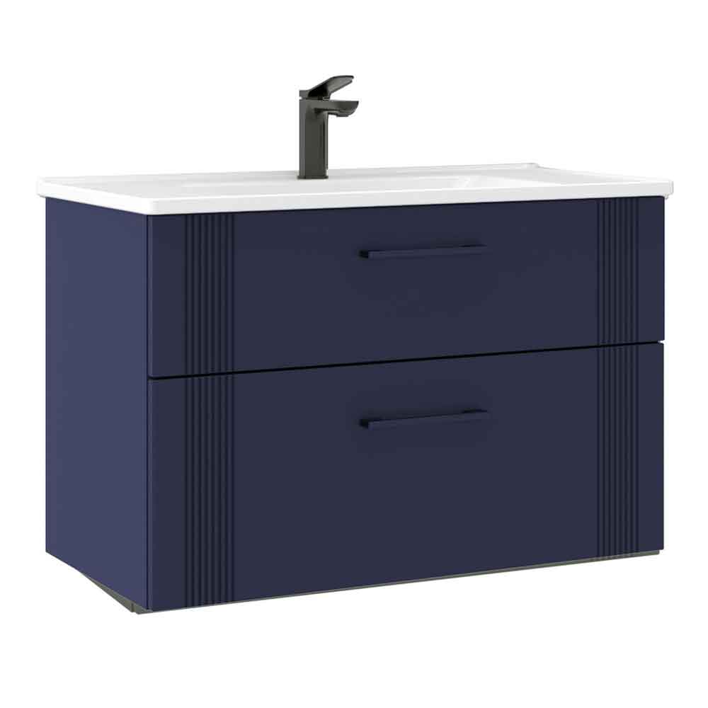 Bari Large Wooden Wall Mounted Vanity Unit with 2 Drawers in Navy Blue
