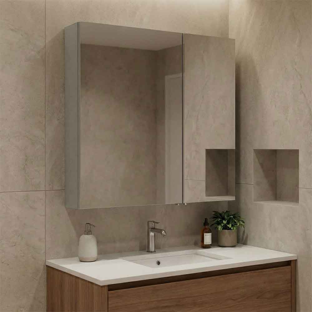 Bari Small Wooden Wall Mounted Mirror Cabinet with 2 Doors in Cashmere