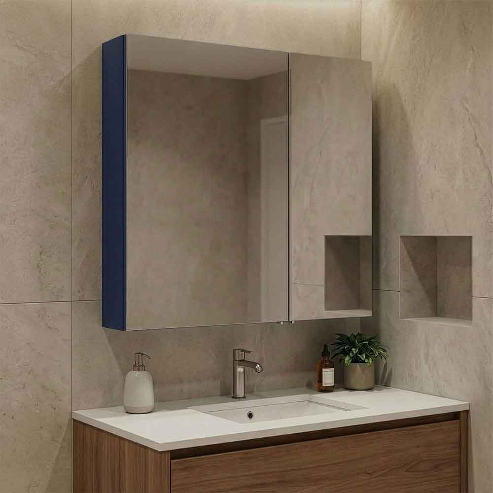 Bari Small Wooden Wall Mounted Mirror Cabinet with 2 Doors in Navy Blue