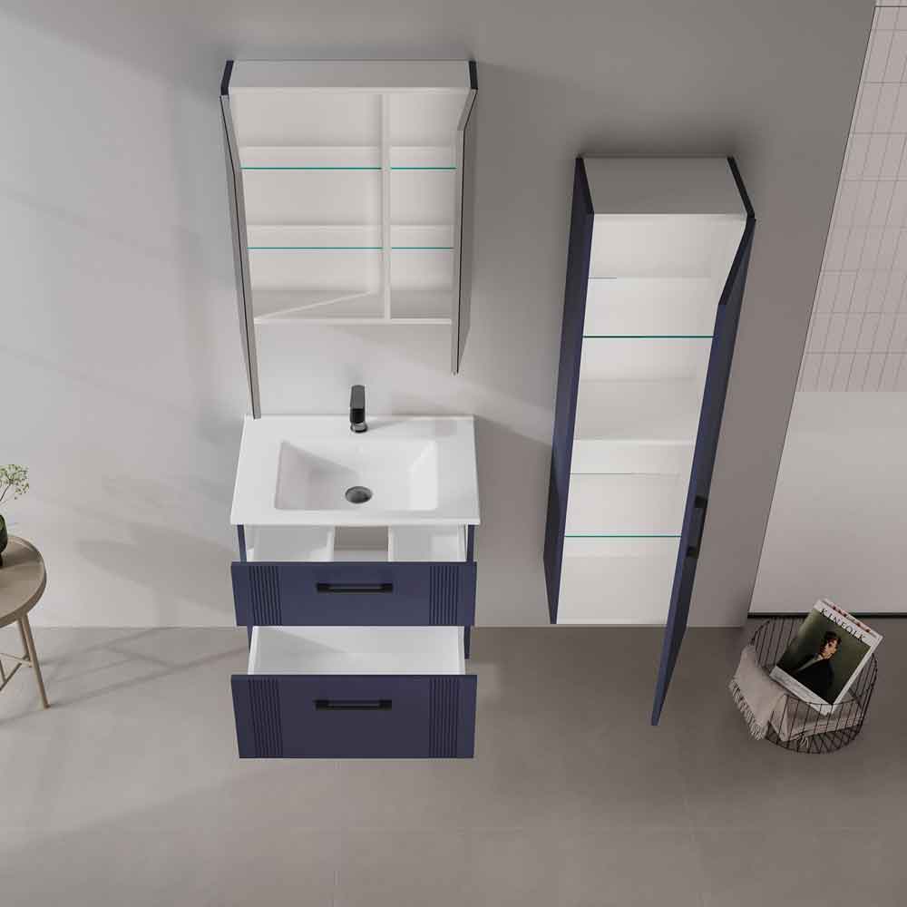 Bari Small Wooden Wall Mounted Mirror Cabinet with 2 Doors in Navy Blue