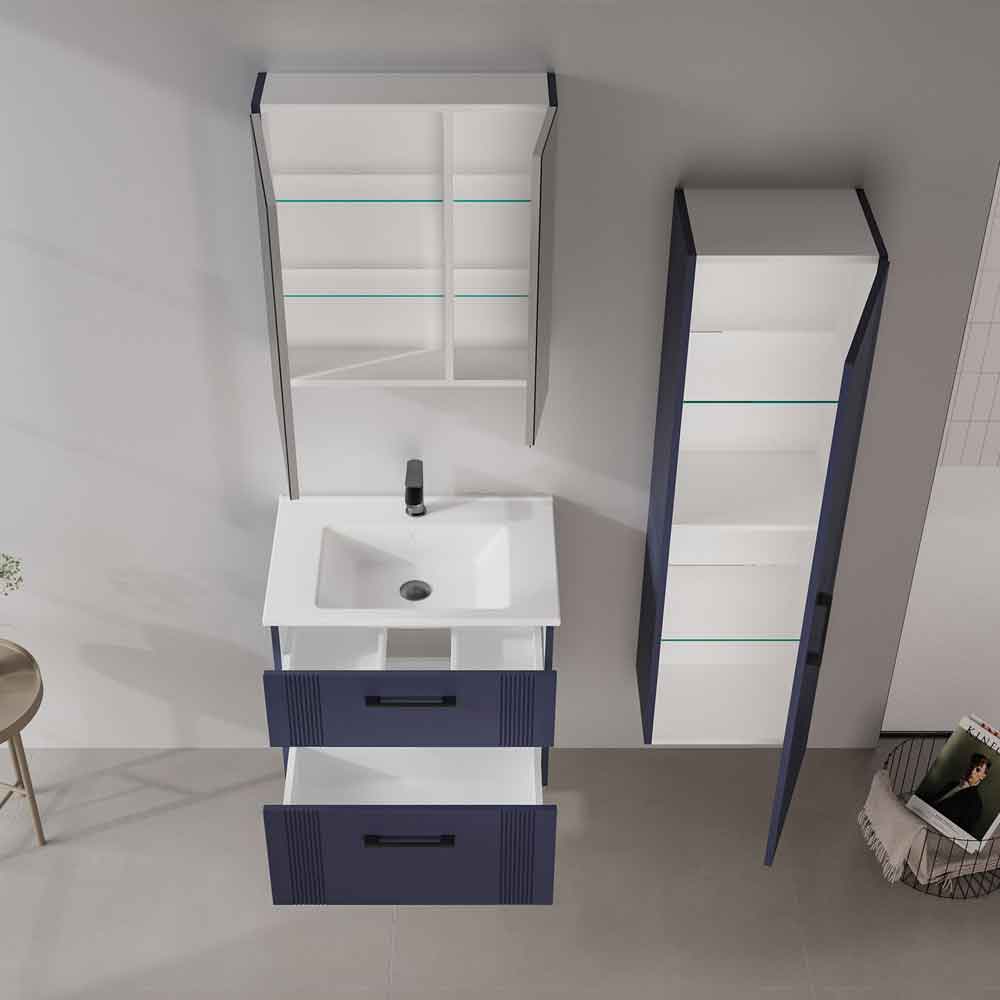 Bari Small Wooden Wall Mounted Vanity Unit with 2 Drawers in Navy Blue
