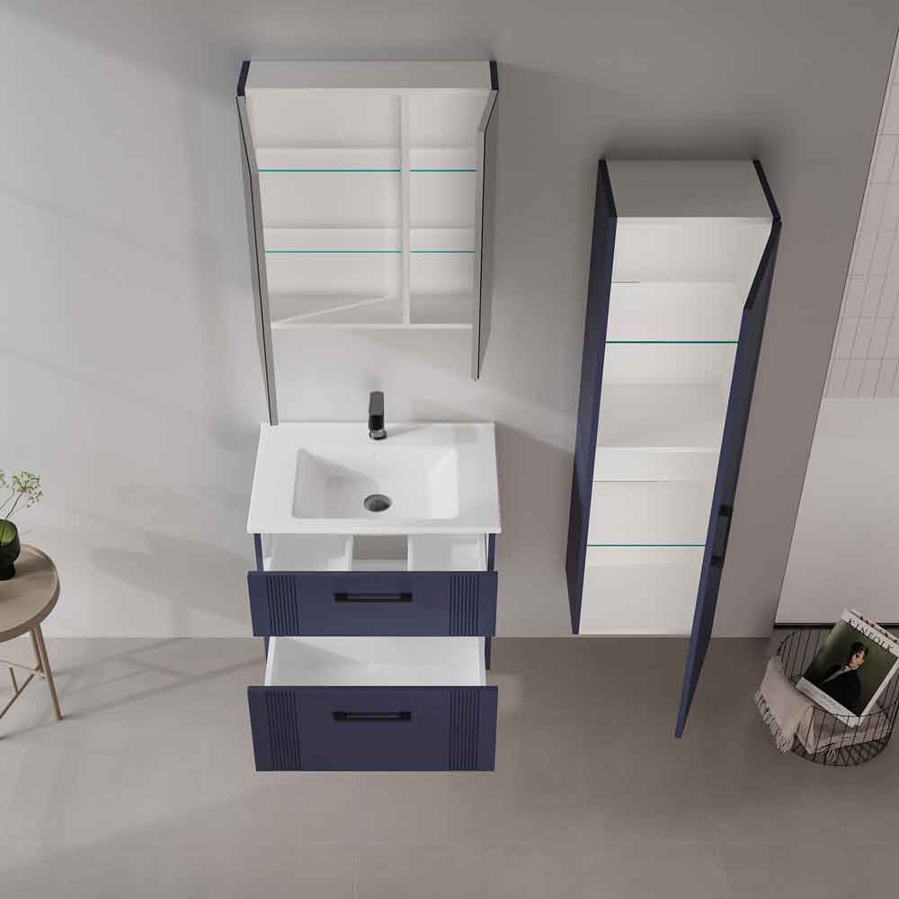 Bari Tall Wooden Bathroom Storage Cabinet in Navy Blue