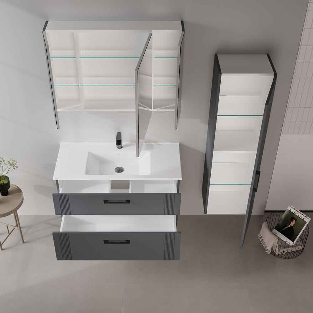 Bari Wooden Wall Mounted Bathroom Mirror Cabinet with 3 Doors in Anthracite