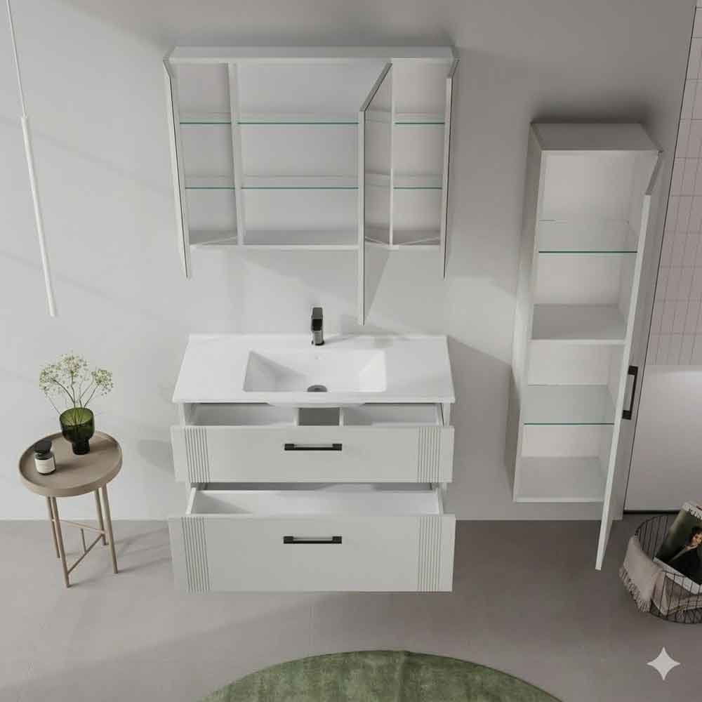 Bari Wooden Wall Mounted Bathroom Mirror Cabinet with 3 Doors in Cashmere