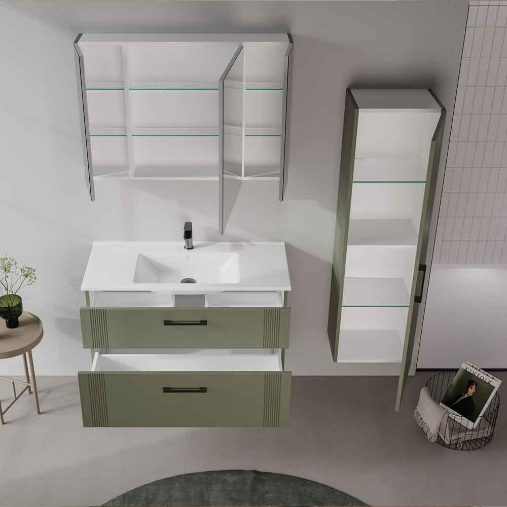 Bari Wooden Wall Mounted Bathroom Mirror Cabinet with 3 Doors in Green