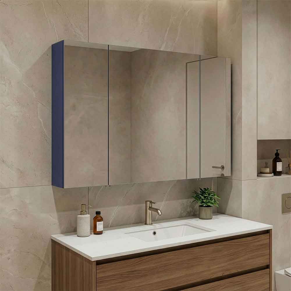 Bari Wooden Wall Mounted Bathroom Mirror Cabinet with 3 Doors in Navy Blue