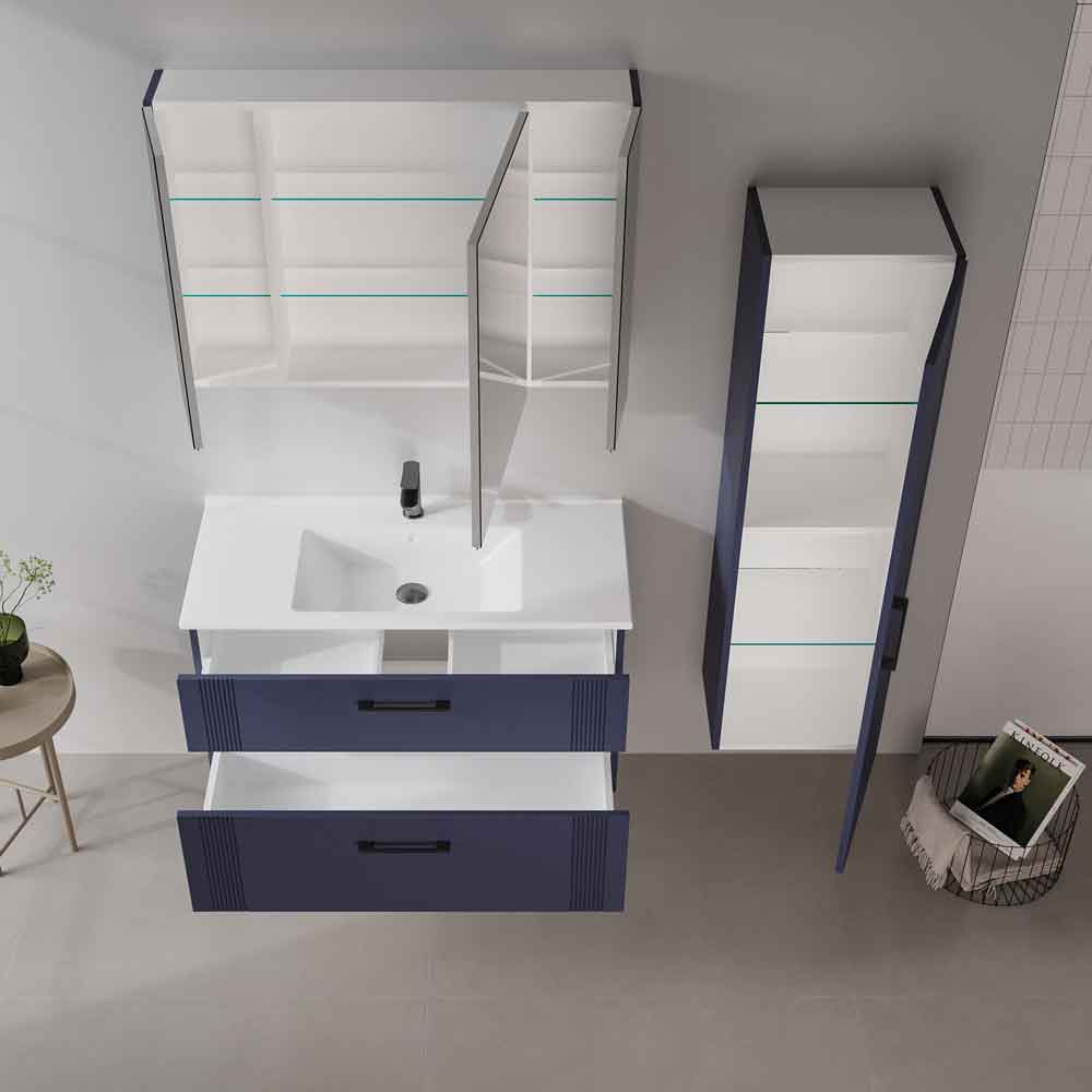 Bari Wooden Wall Mounted Bathroom Mirror Cabinet with 3 Doors in Navy Blue