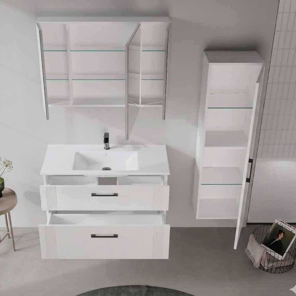 Bari Wooden Wall Mounted Bathroom Mirror Cabinet with 3 Doors in White