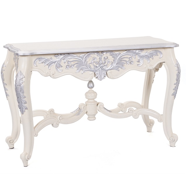 Baroque Console Table In Ornate White And Silver Wood