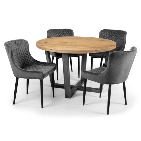 Barras Round Dining Table In Oak With 4 Lakia Grey Chairs