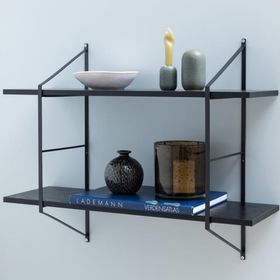 Product photograph of Barrie Wooden Wall Shelf Wall Hung With 2 Shelves In Matt Black from Furniture in Fashion