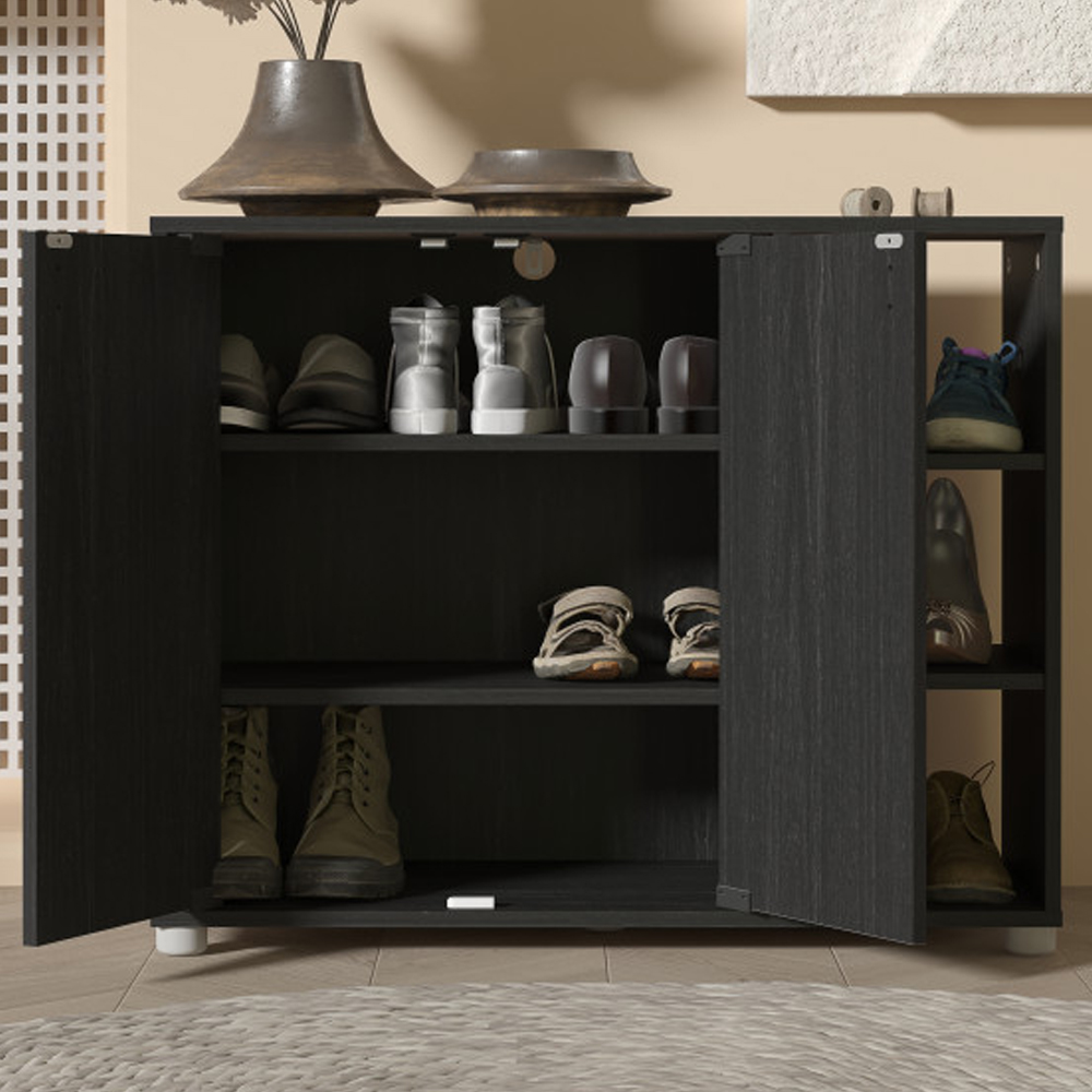 Barrie Wide Wooden Shoe Storage Cabinet In Rustick Black Oak