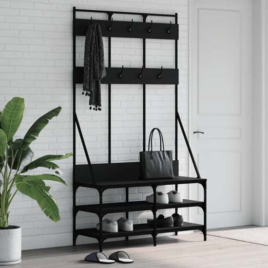 Product photograph of Barrie Wooden Clothes Rack With Shoe Storage In Black from Furniture in Fashion