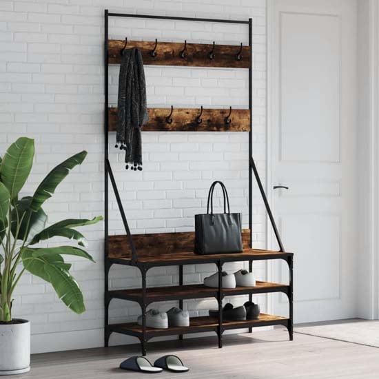 Product photograph of Barrie Wooden Clothes Rack With Shoe Storage In Smoked Oak from Furniture in Fashion