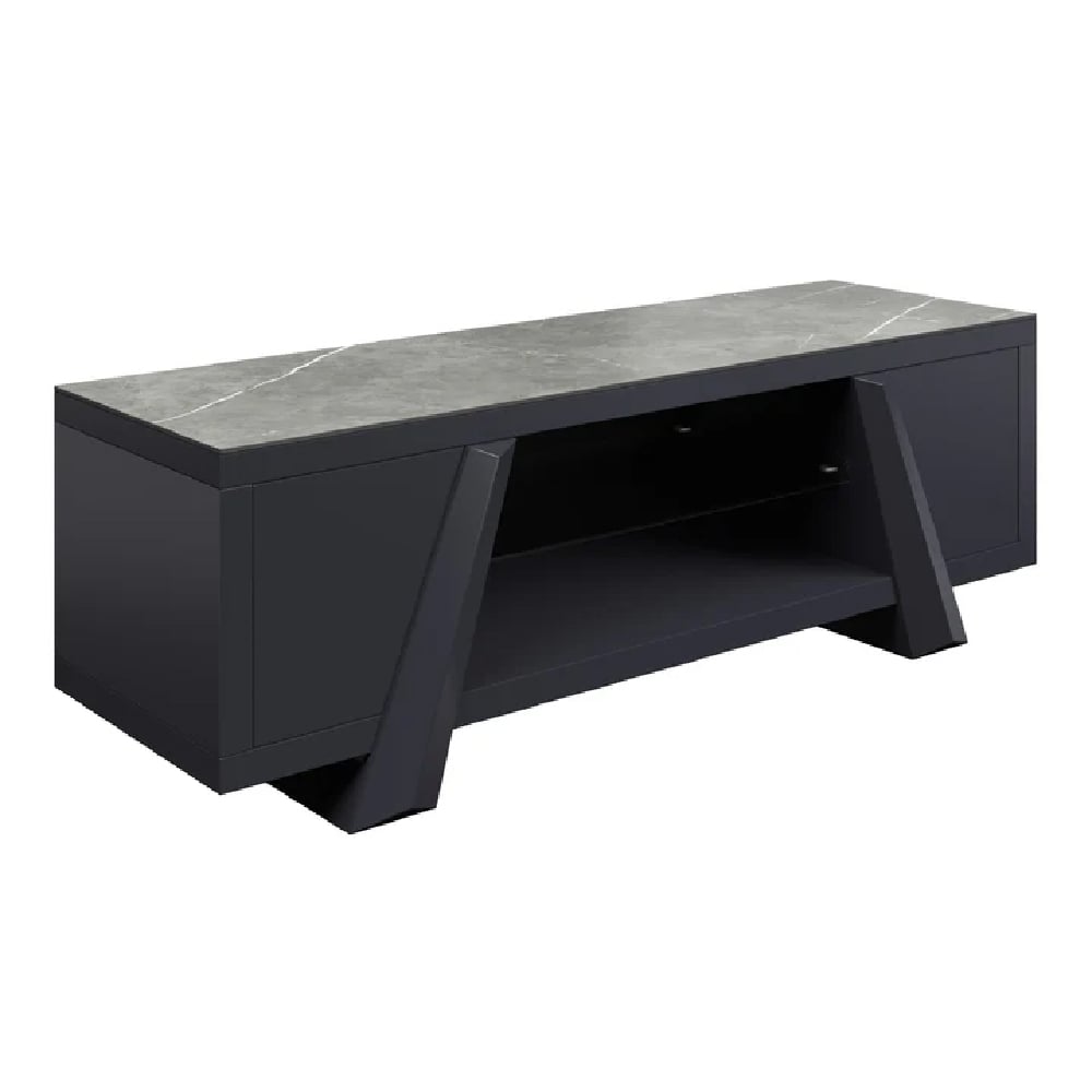 Read more about Barrie wooden tv stand with 2 doors in matte grey ceramic top