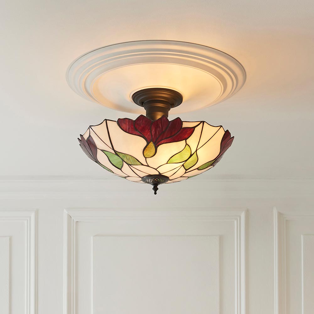 Barrigada Tiffany Glass Semi-Flush Ceiling Light In Satin Black