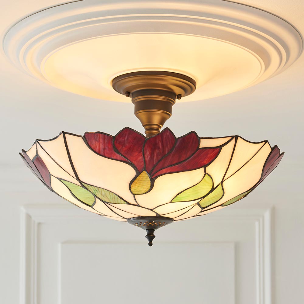 Barrigada Tiffany Glass Semi-Flush Ceiling Light In Satin Black