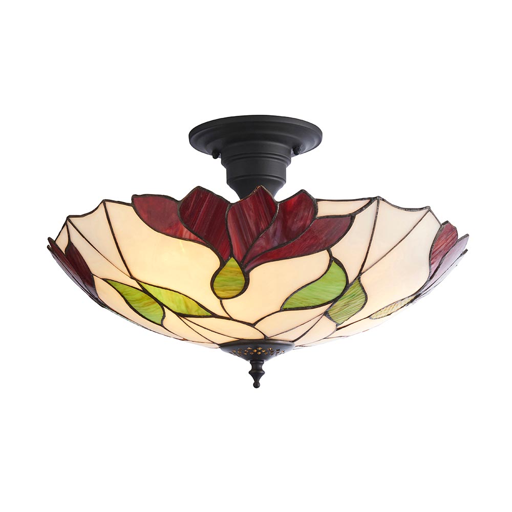 Barrigada Tiffany Glass Semi-Flush Ceiling Light In Satin Black