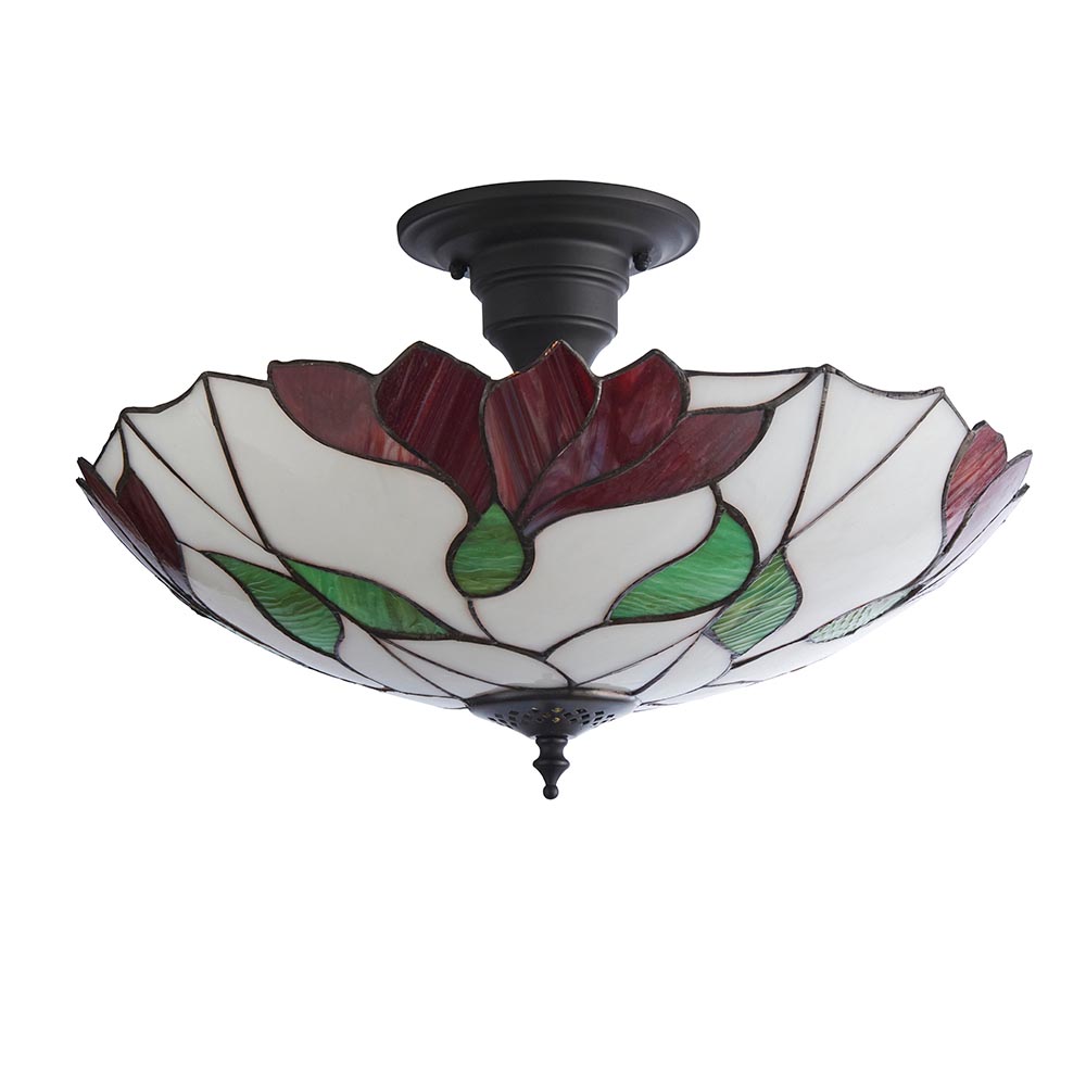 Barrigada Tiffany Glass Semi-Flush Ceiling Light In Satin Black