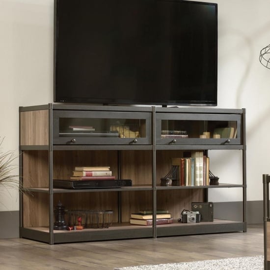 Read more about Batesville wooden tv stand with 4 shelves in salt oak