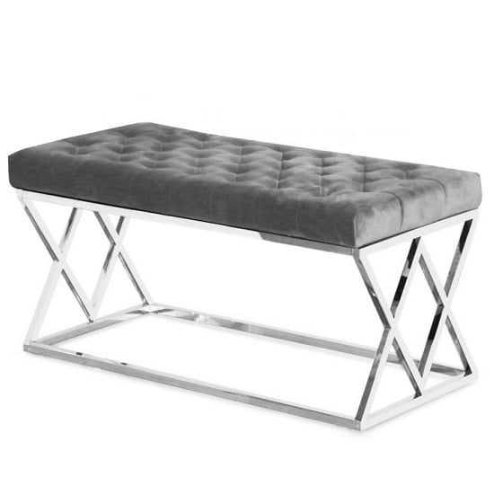 Admaston Plush Velvet Dining Bench In Grey And Steel Frame