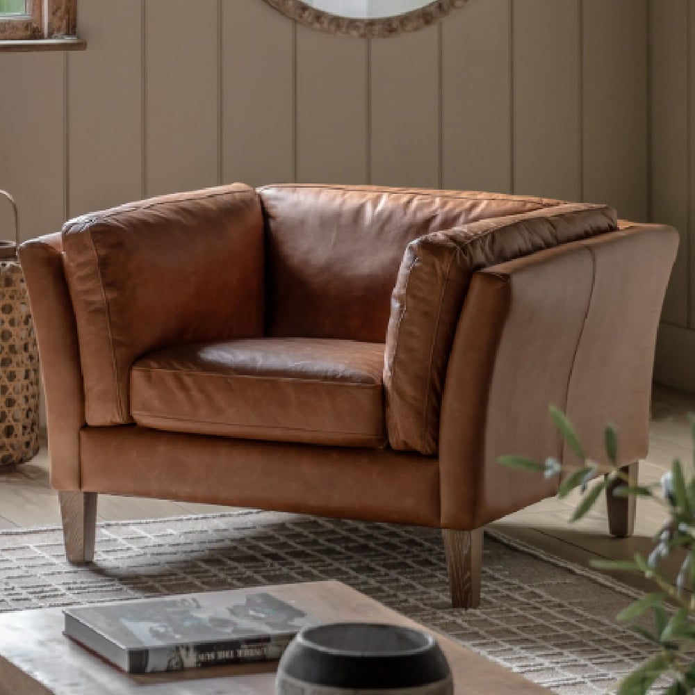 Bartow Leather 1 Seater Sofa With Oak Legs In Brown