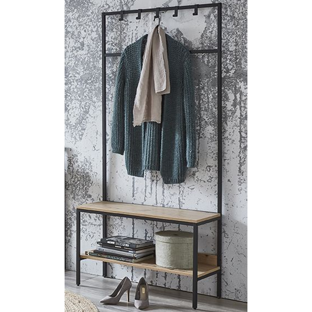 Bartow Wooden Coat Stand With Black Metal Frame In Oak