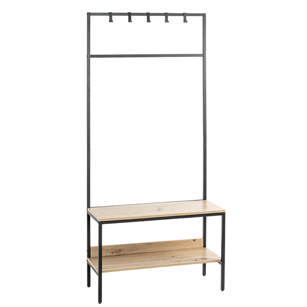 Bartow Wooden Coat Stand With Black Metal Frame In Oak