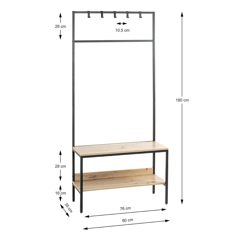 Bartow Wooden Coat Stand With Black Metal Frame In Oak