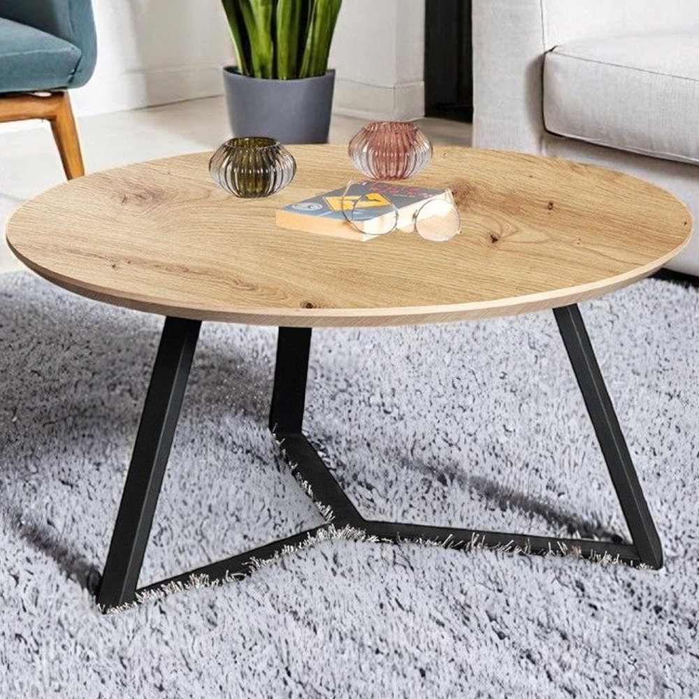 Bartow Wooden Coffee Table With Black Metal Frame In Oak