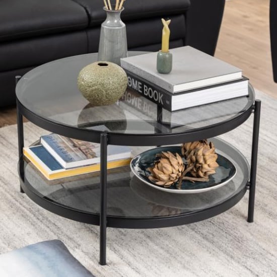 Baryon Smoked Glass Coffee Table Round With Black Metal Frame