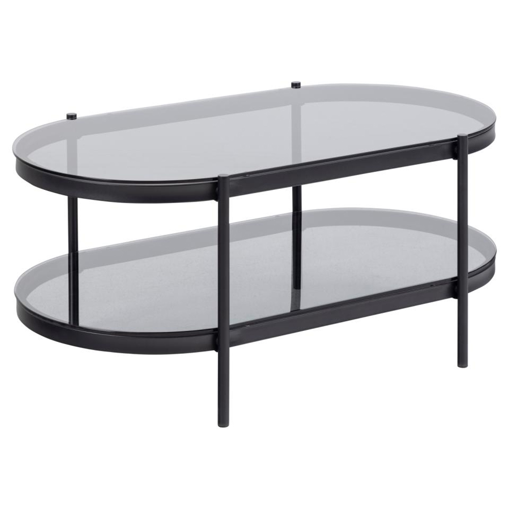 Baryon Smoked Glass Oval Coffee Table With Black Metal Frame