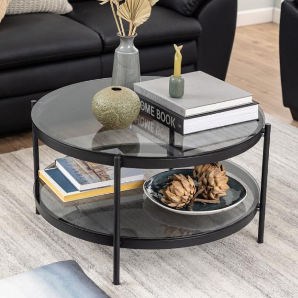 Baryon Smoked Glass Round Coffee Table With Black Metal Frame
