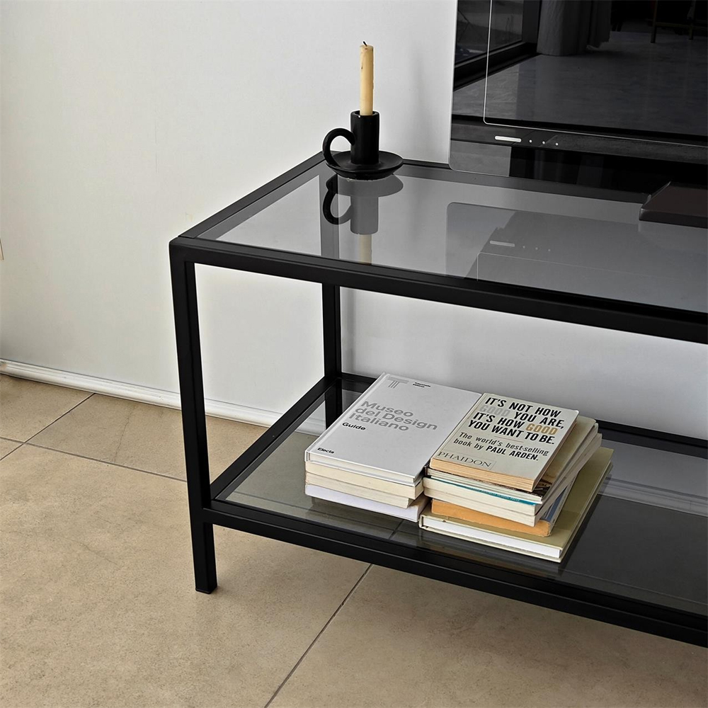 Basako Dark Grey Tempered Glass TV Stand With Black Metal Frame