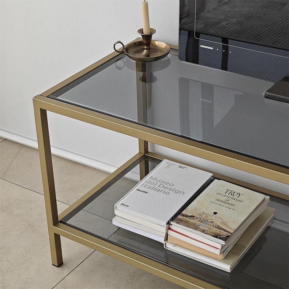 Basako Dark Grey Tempered Glass TV Stand With Gold Metal Frame