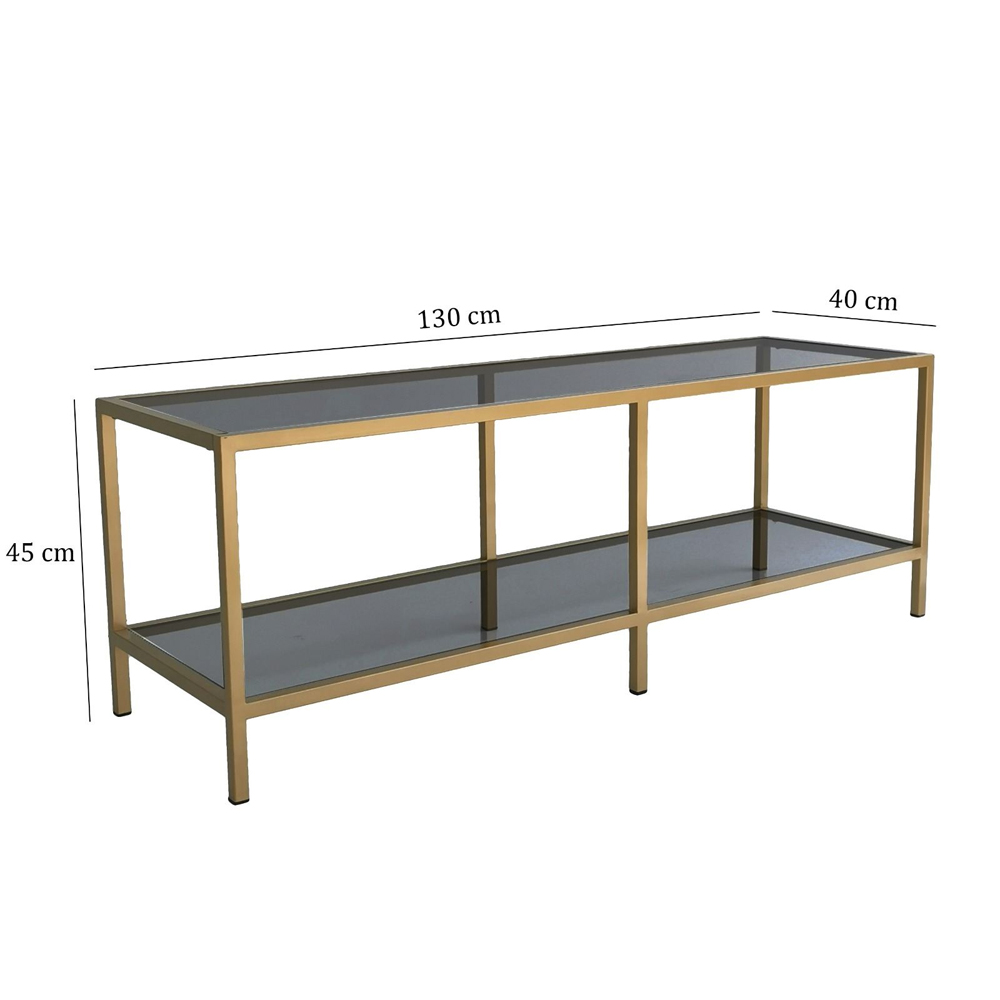 Basako Dark Grey Tempered Glass TV Stand With Gold Metal Frame