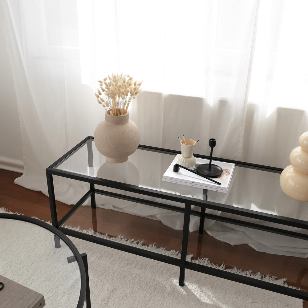Basako Tempered Glass TV Stand With Matte Black Metal Frame