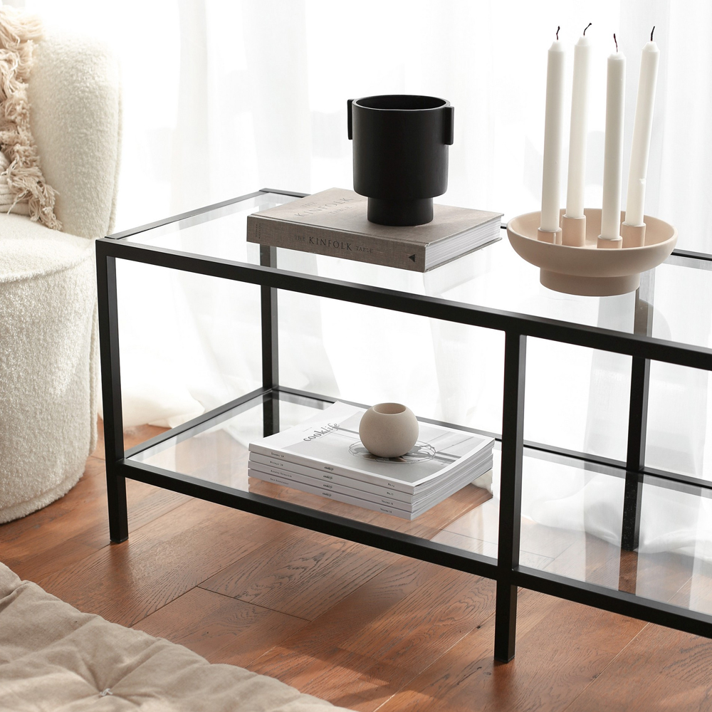 Basako Tempered Glass TV Stand With Matte Black Metal Frame