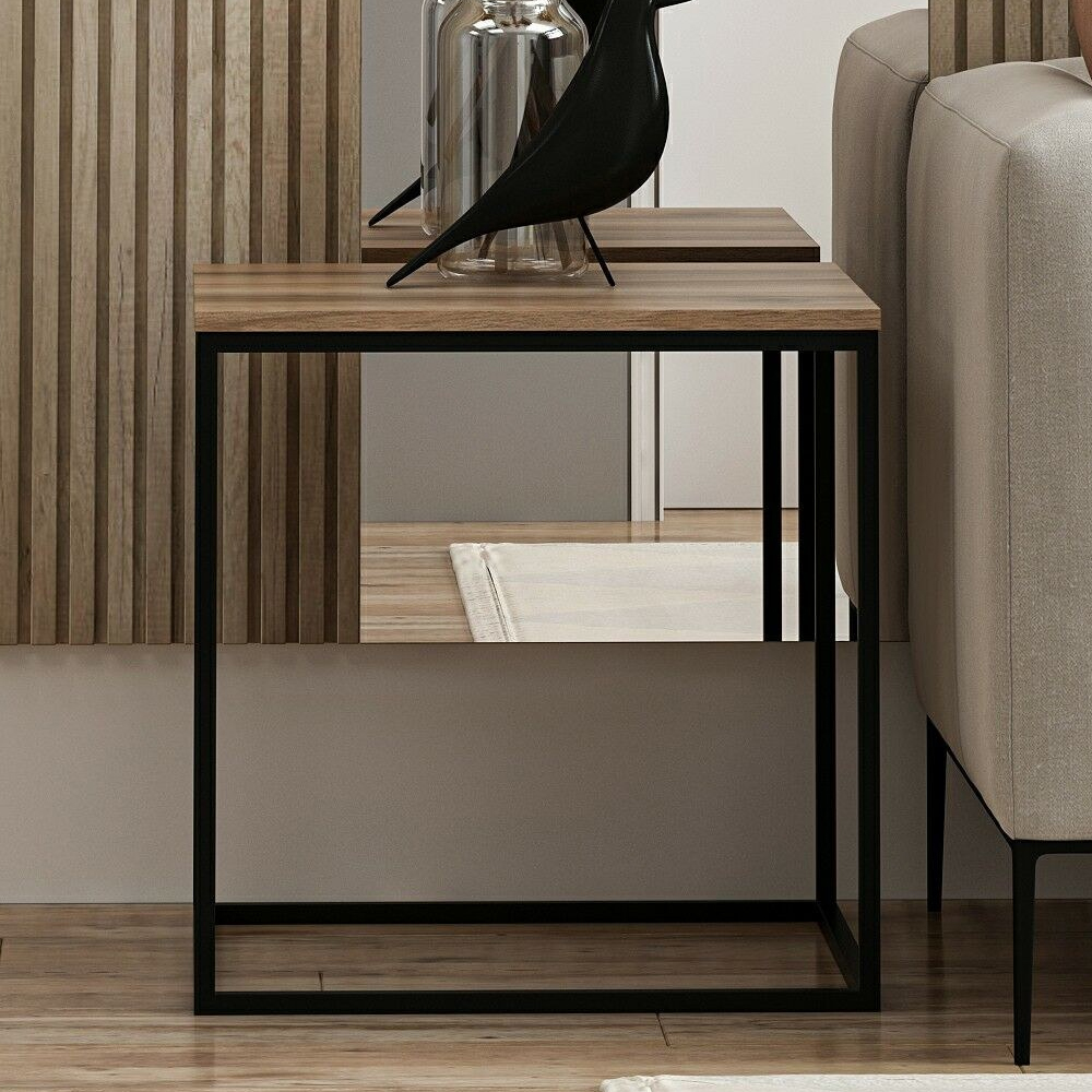 Basara Wooden Side Table With Metal Frame In Black
