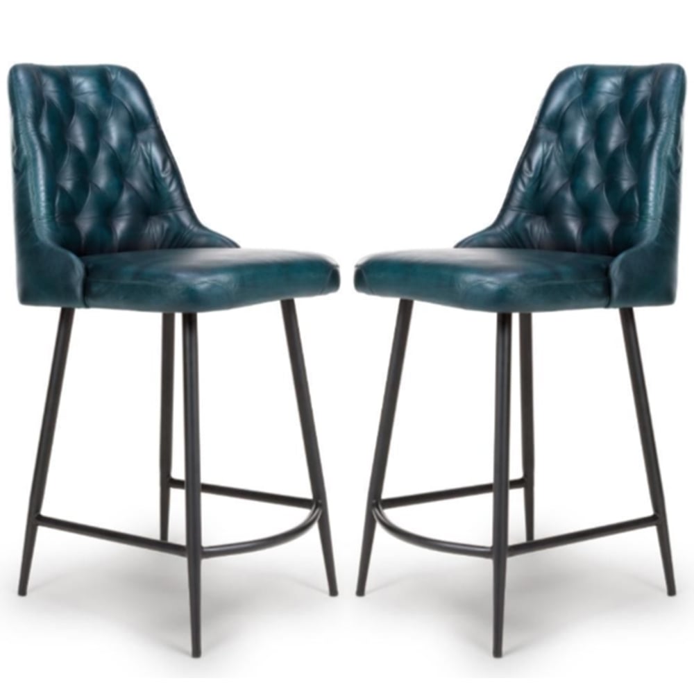 Basel Blue Buffalo Leather Counter Bar Chairs In Pair