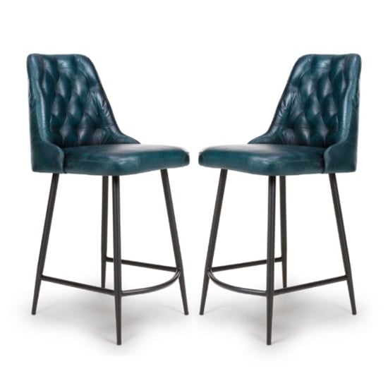 Photo of Basel blue genuine buffalo leather counter bar chairs in pair