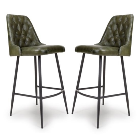 Basel Green Genuine Buffalo Leather Bar Chairs In Pair