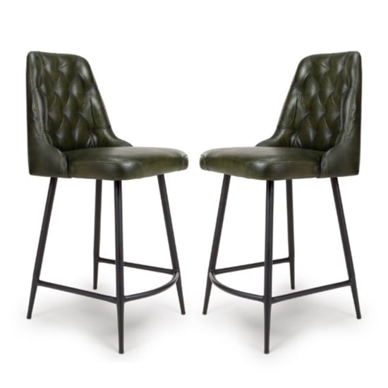 Basel Green Genuine Buffalo Leather Counter Bar Chairs In Pair
