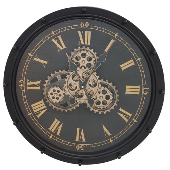 Basel Metal Wall Clock In Black With Gold Gears