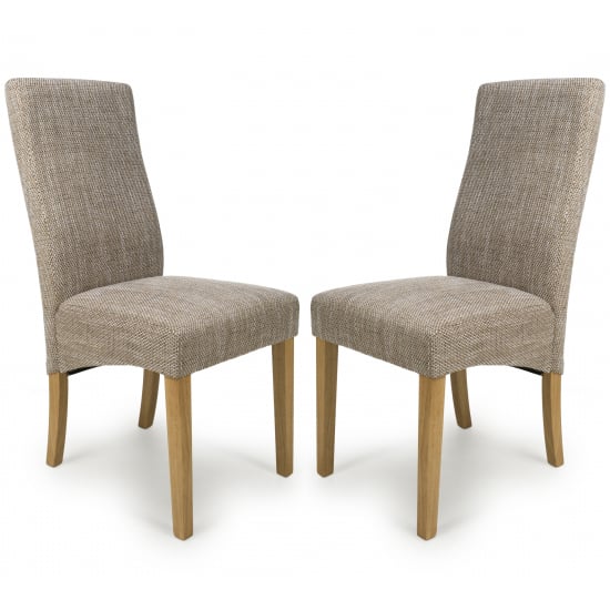 Read more about Basey oatmeal fabric dining chairs with oak legs in pair