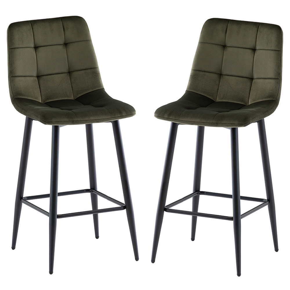 Basia Juniper Green Velvet Counter Bar Stools with Black Metal Legs in Pair