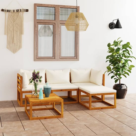 Product photograph of Basile Solid Wood 5 Piece Garden Lounge Set With Cream Cushions from Furniture in Fashion