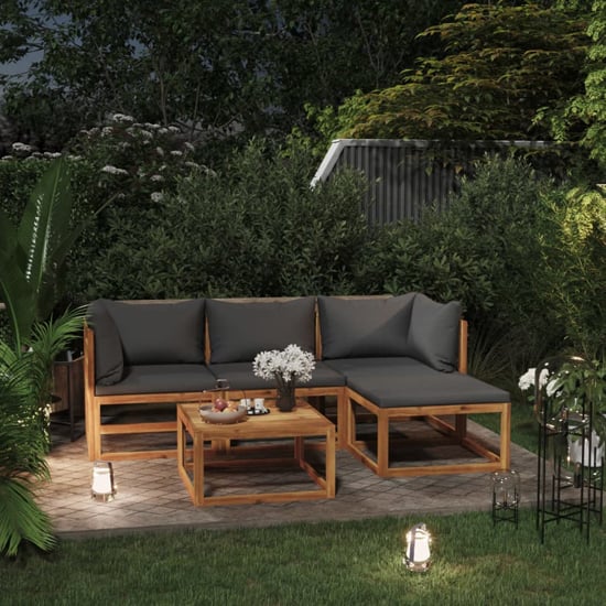 Product photograph of Basile Solid Wood 5 Piece Garden Lounge Set With Grey Cushions from Furniture in Fashion